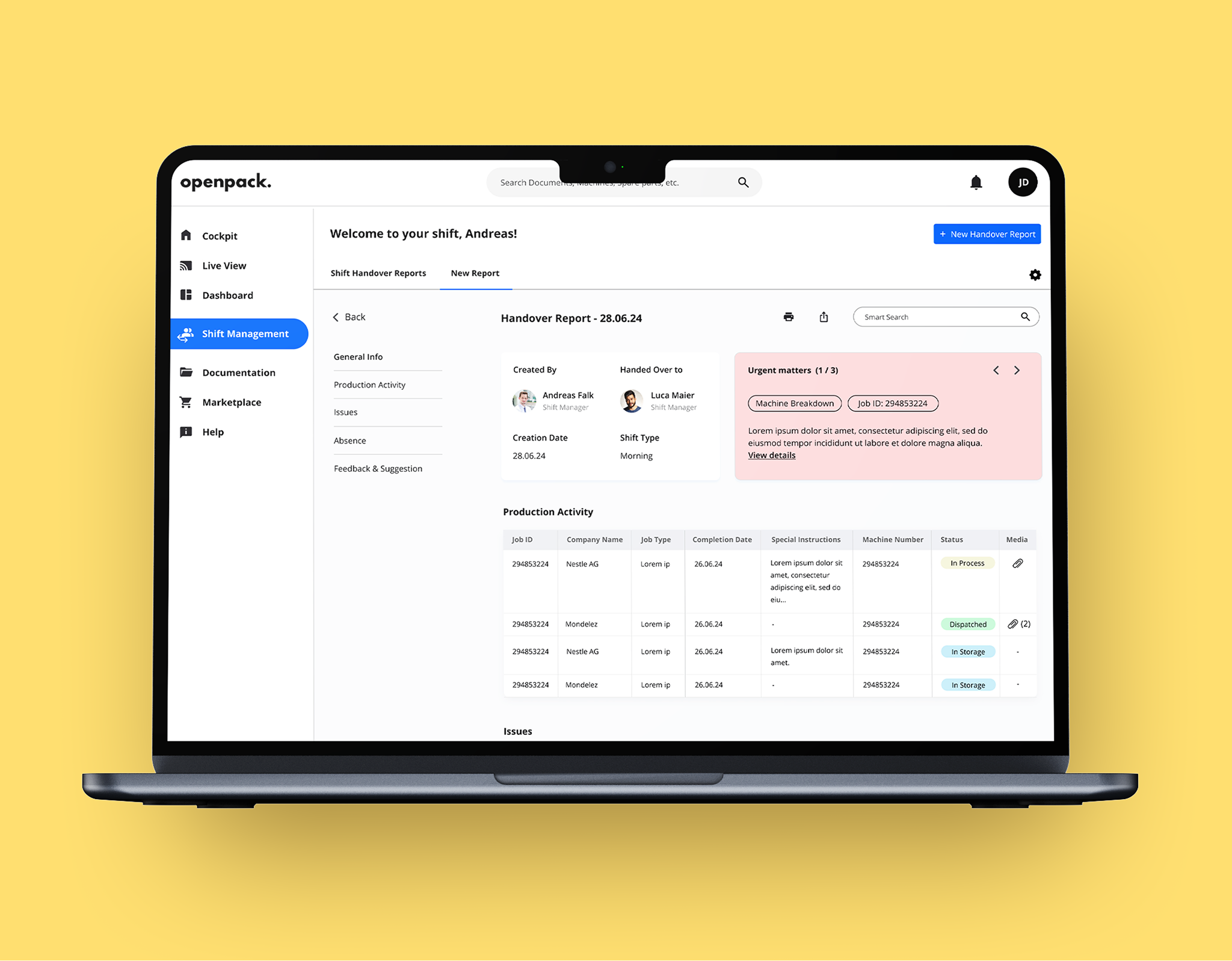 Klingele shift-handover dashboard